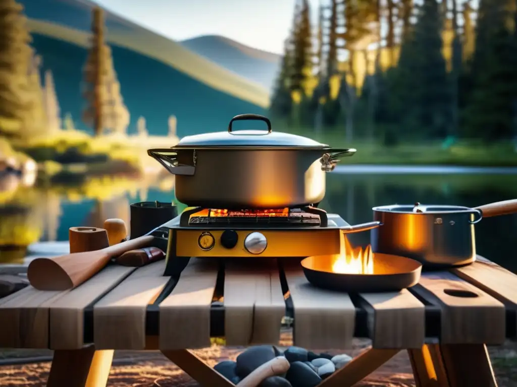 Utensilios cocina acampar: campamento en el bosque con estufa, utensilios de cocina y equipo colorido