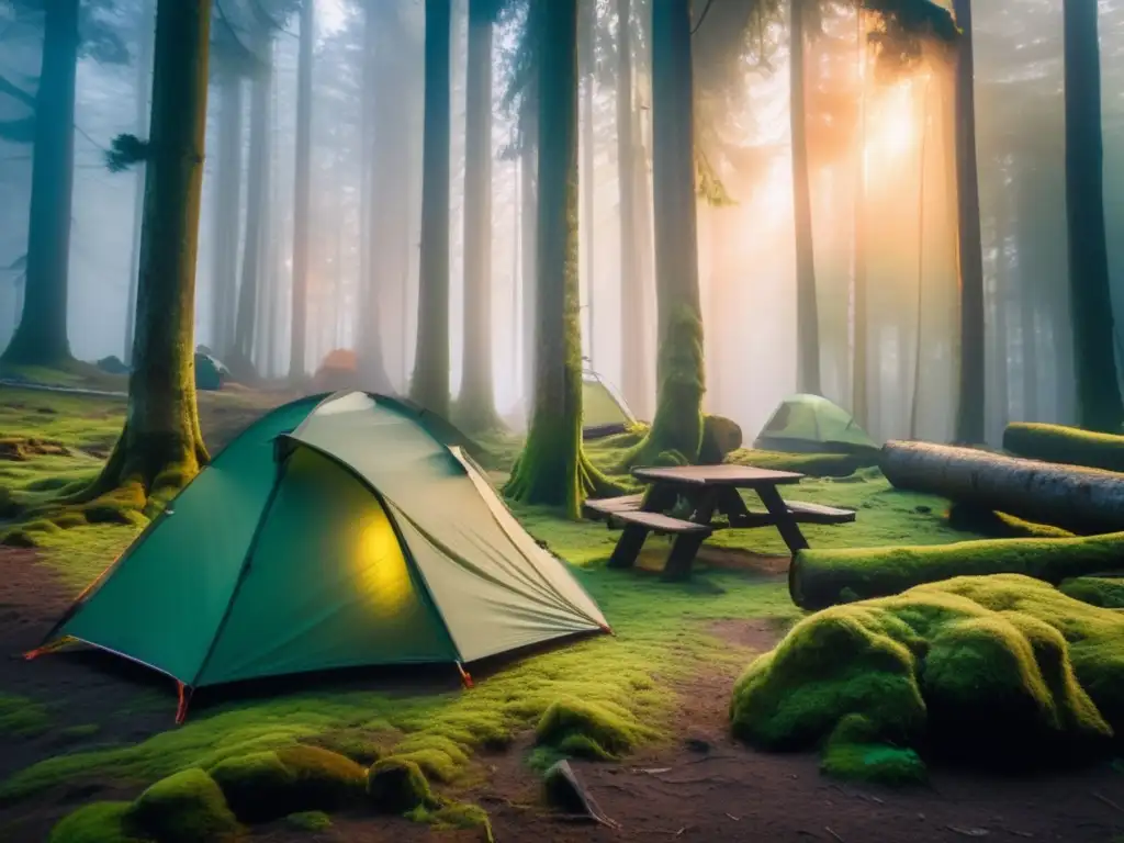 Campismo y conservación de fauna: Bosque misterioso con campamento, fogata y campistas en armonía con la naturaleza