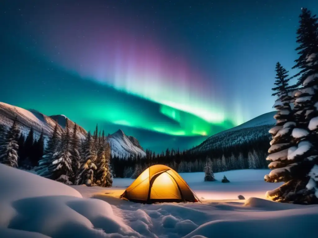 Preparación para camping en condiciones extremas en un paisaje montañoso nevado con tienda de campaña y bosque de pinos