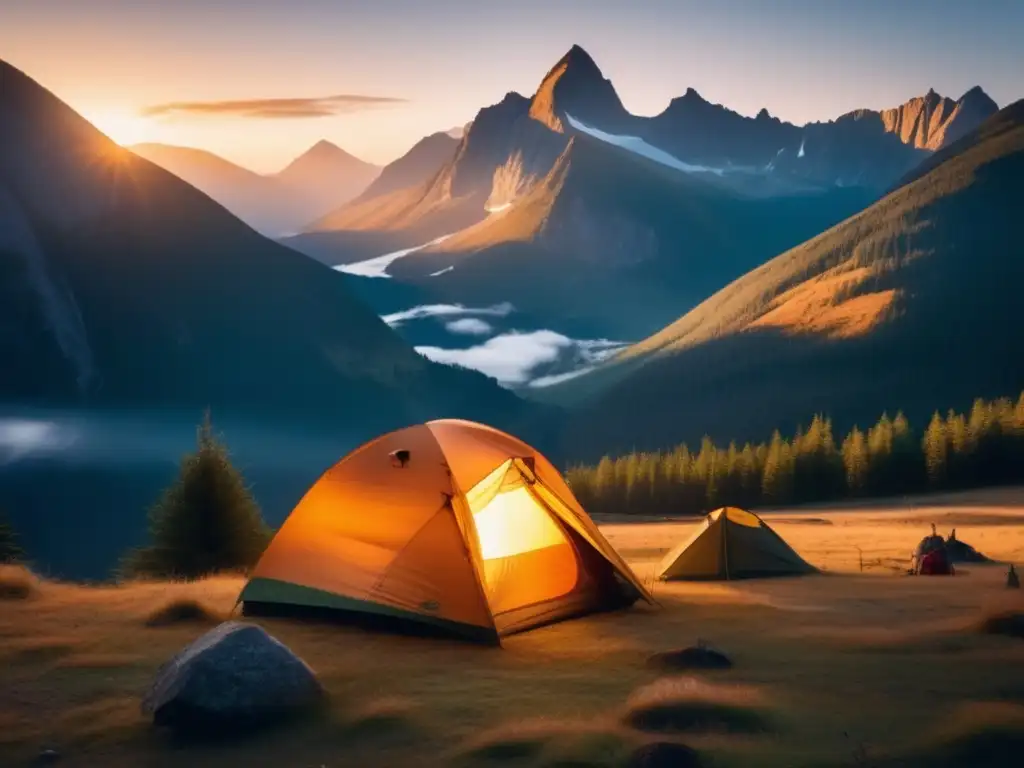 Acampando y senderismo: Accesorios esenciales en montaña al atardecer