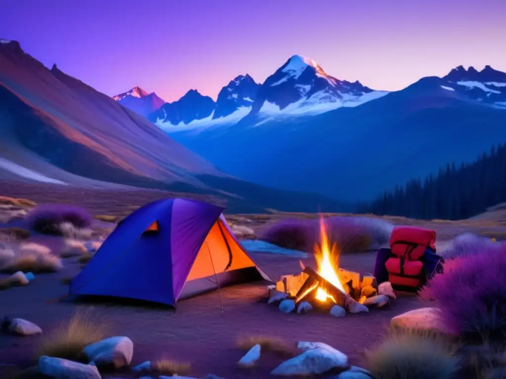 Preparación para camping en condiciones extremas: paisaje de montaña al atardecer, picos nevados, campamento y fogata