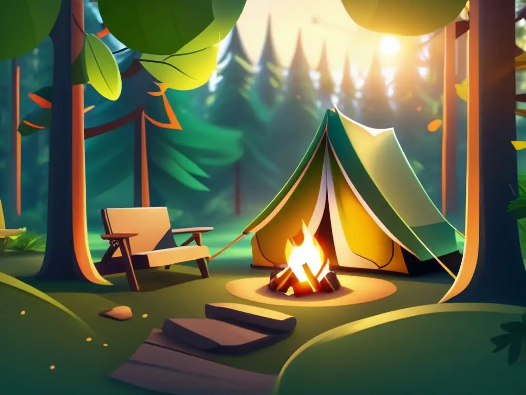 Beneficios creativos de la acampada: un campamento en un bosque exuberante con amigos disfrutando de actividades creativas