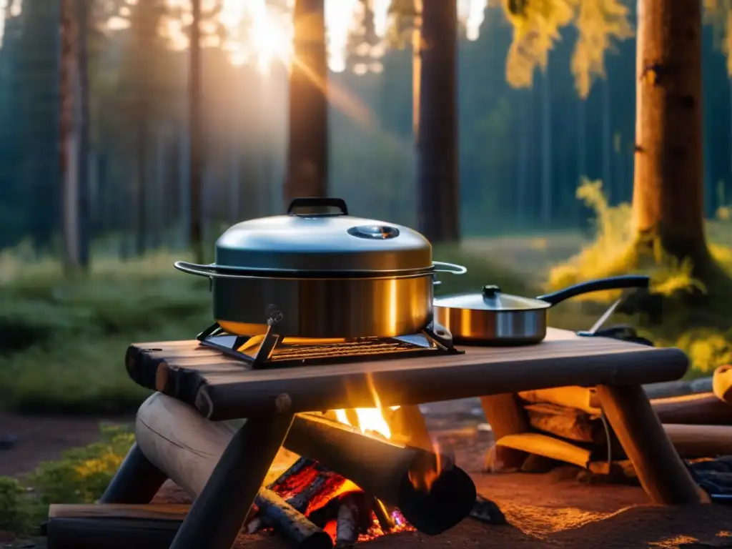 Utensilios de cocina para acampar en un idílico campamento rodeado de naturaleza