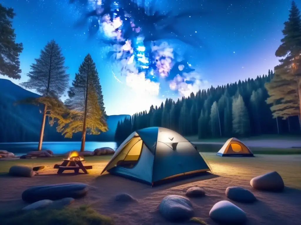 Zonas perfectas para acampar bajo las estrellas: noche mágica en un bosque encantador, con una tienda iluminada, un cielo estrellado y un lago sereno