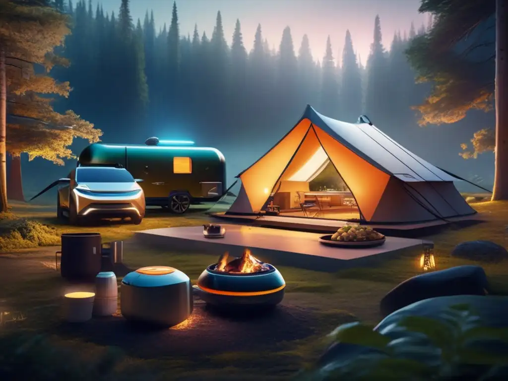 Evolución equipo acampada: cambios- Futurista campamento en el bosque, iluminado por avanzados sistemas de luz