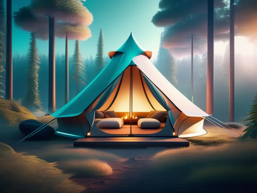 Innovaciones mobiliario acampada naturaleza: Escena futurista de acampada con tienda minimalista y muebles innovadores en un bosque exuberante