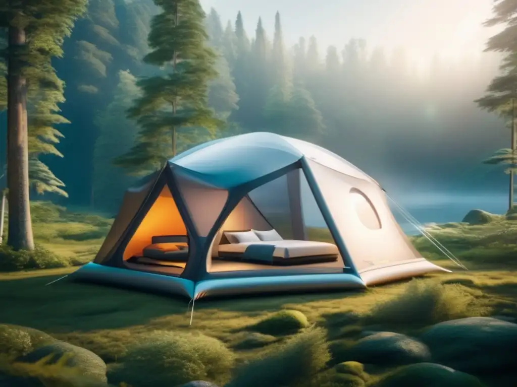 Una imagen de campamento futurista en un bosque exuberante con tienda de alta tecnología, colchón inflable y luces LED