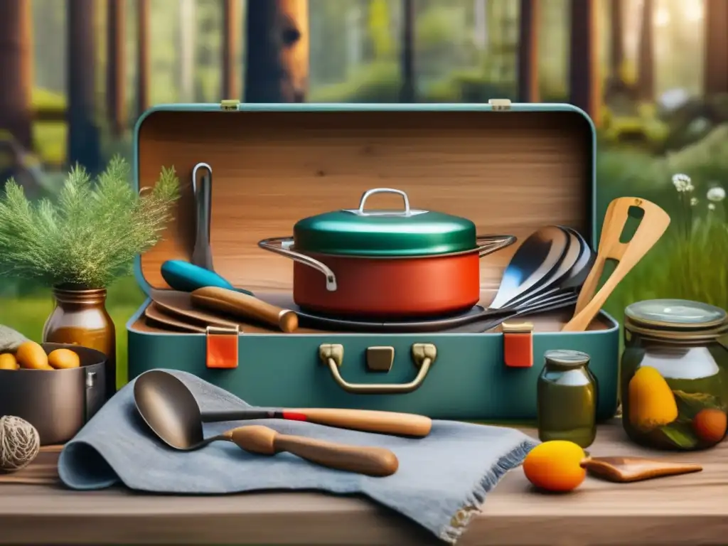 Preparación alimentos naturaleza: Guía campamento, mesa rústica, utensilios cocina coloridos, fogata encantadora