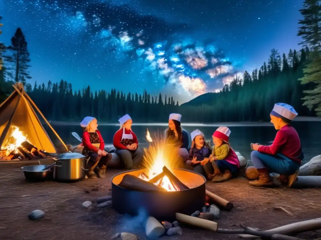 Cocina divertida en campamento para niños: escena mágica de actividades culinarias alrededor de una fogata en la naturaleza