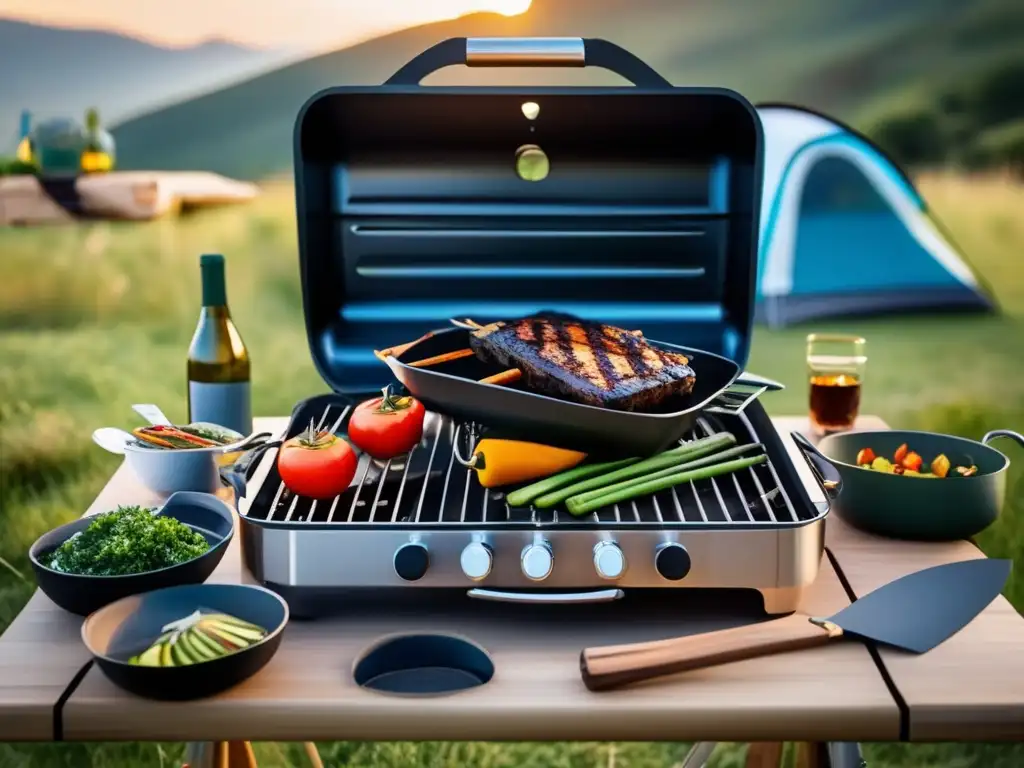 Utensilios de camping para cocinar al aire libre - Moderna parrilla portátil rodeada de accesorios de alta calidad y deliciosos platos al aire libre