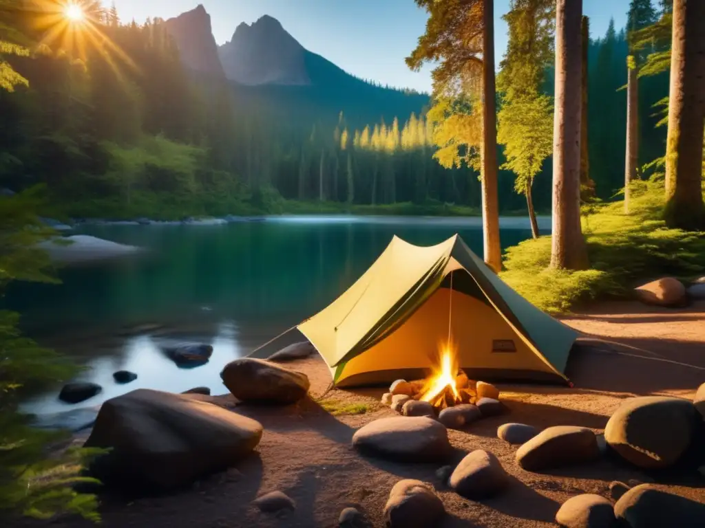 Campamento tranquilo en bosque, río y fogata