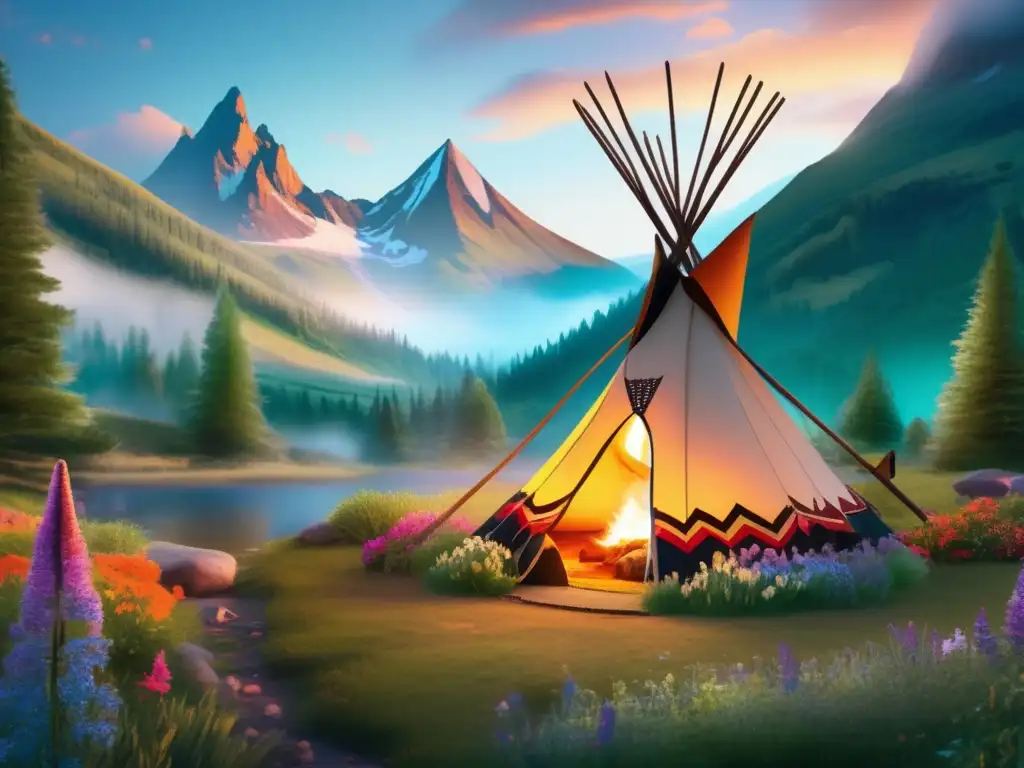 Meditación en camping: tradiciones indígenas en un paisaje montañoso, con una tienda de teepee colorida y un río cristalino