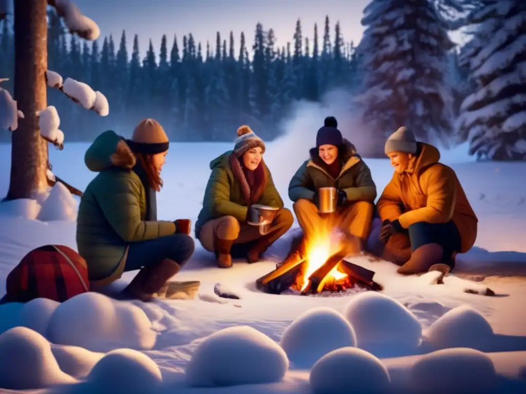 Grupo de campistas alrededor de una fogata en un paisaje invernal nevado