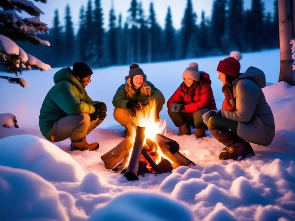 Equipos de acampada de invierno avanzados en un bosque nevado con campistas alrededor de una fogata