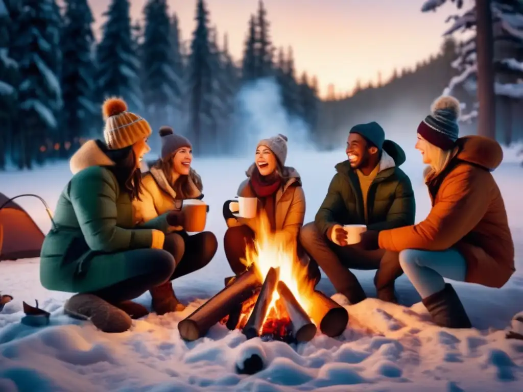 Grupo de campistas alrededor de fogata en bosque nevado