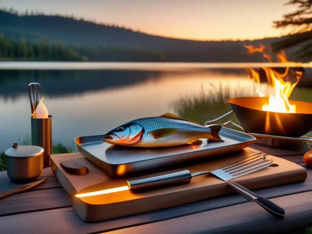 Campamento junto al lago al atardecer con pescado a la parrilla y utensilios de cocina - Recetas de pescado al aire libre