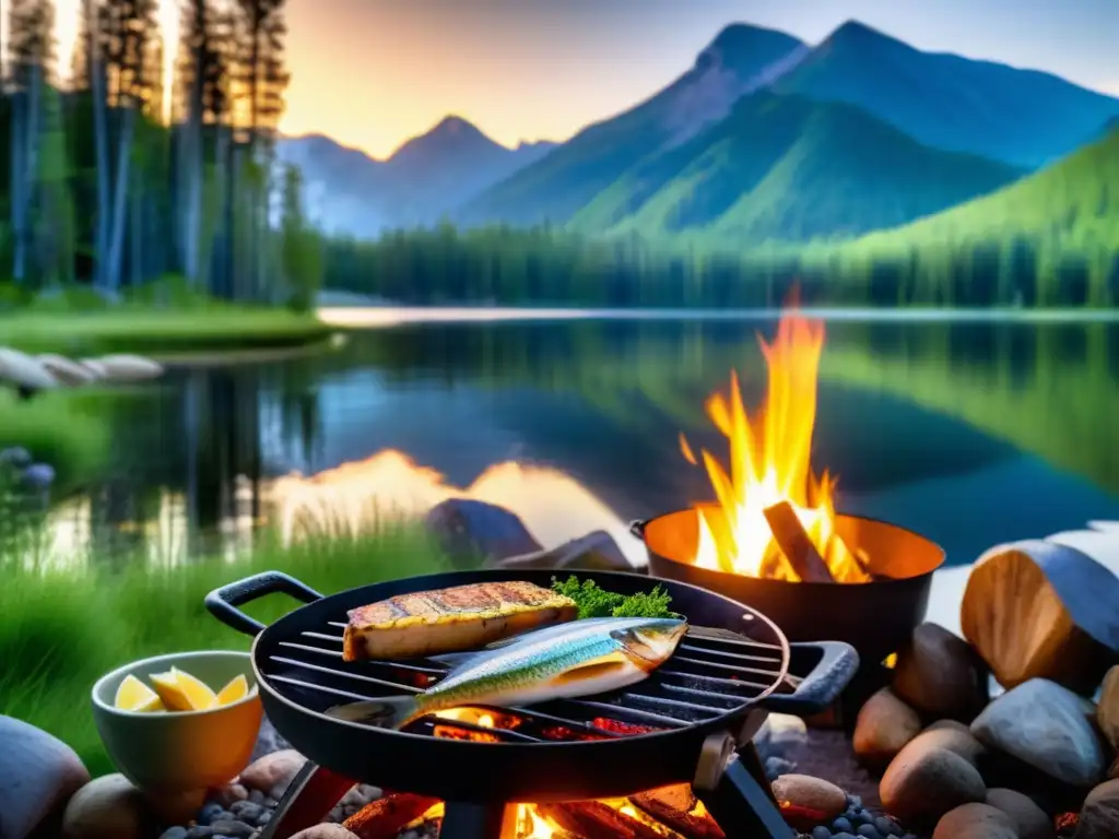 Recetas de pescado al aire libre - Campamento junto al lago al atardecer, con montañas y árboles imponentes