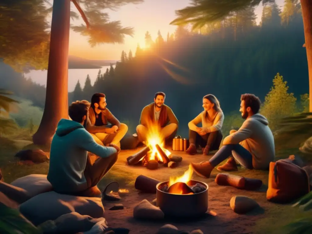 Campamento tranquilo en el bosque con amigos disfrutando de las conservas - Beneficios de las conservas en camping