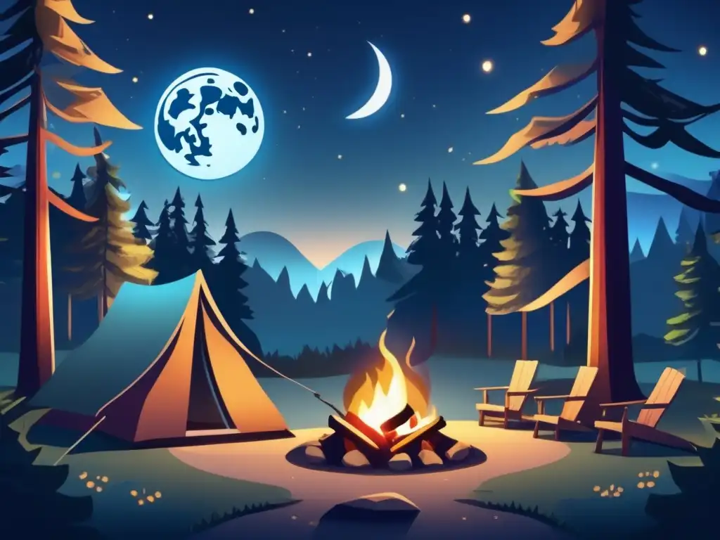 Recetas para noches de camping a la luz de la luna en un campamento rodeado de un bosque bajo el resplandor de la luna