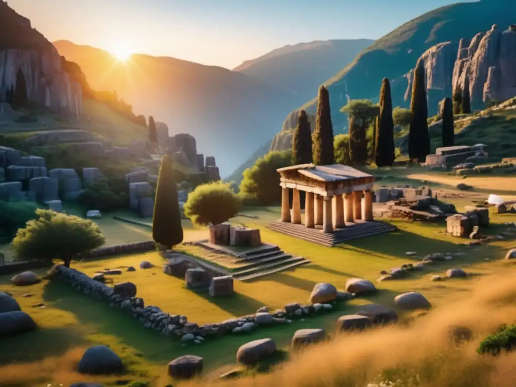 Encanto acampada antiguo santuario Delphi rodeado de montañas, naturaleza exuberante y ruinas históricas