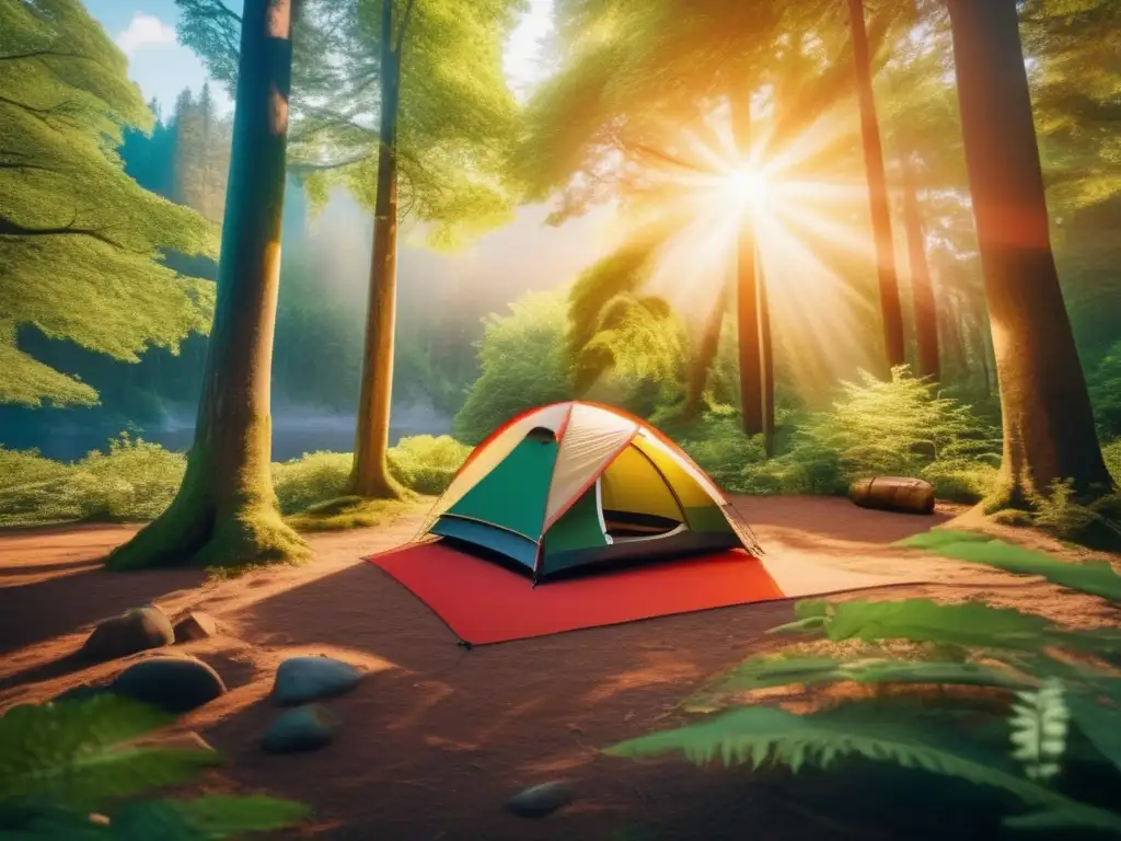 Hermoso campamento en el bosque con tienda roja y sendero mágico