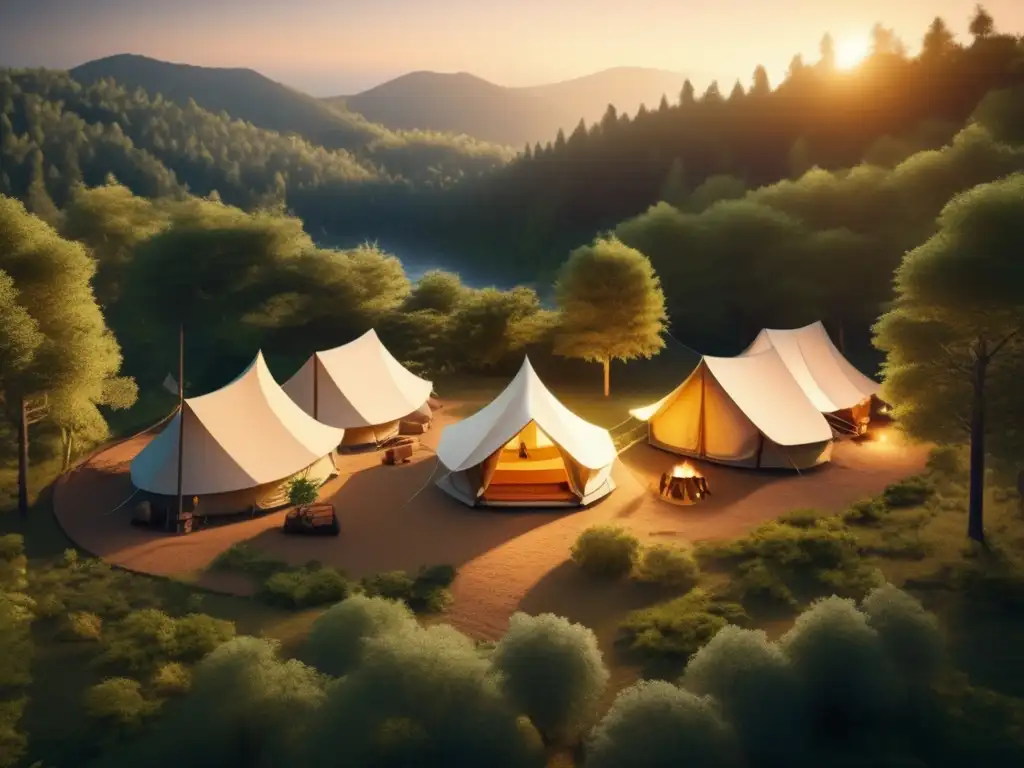 Beneficios del camping para el ecosistema: Campamento ecológico en bosque sereno con río cristalino, tiendas modernas y sendero misterioso