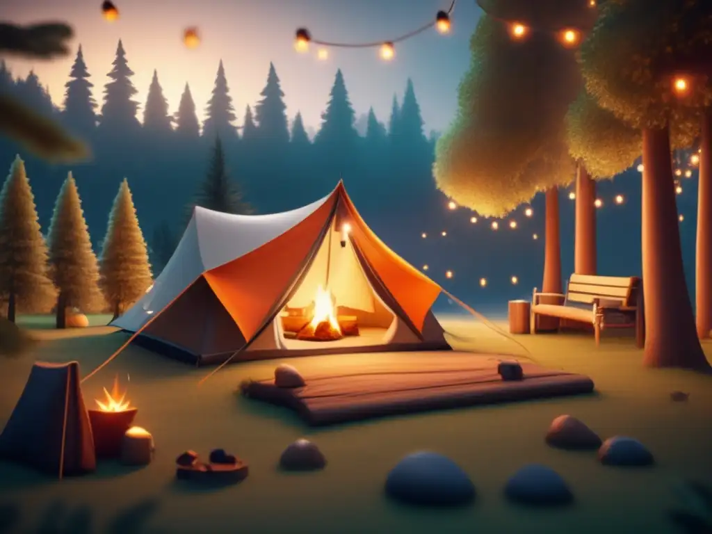 Campamento en bosque con tienda de campaña, luces y fogata - Preparación vehículo viaje camping