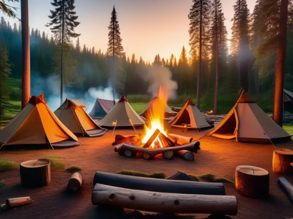 Campamento pintoresco en bosque frondoso, con fogata, río sereno y recetas sin gluten para acampar saludablemente