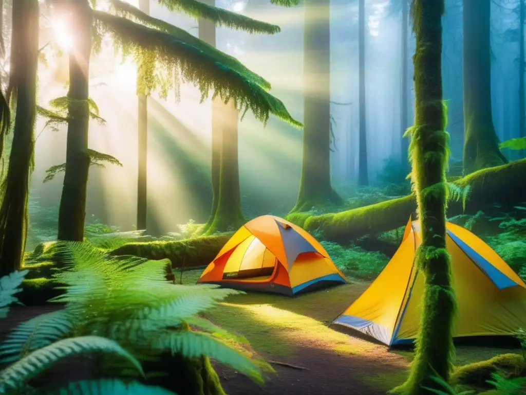 Paisaje de bosque denso en la mañana, con campamento y equipamiento necesario para acampar en áreas protegidas