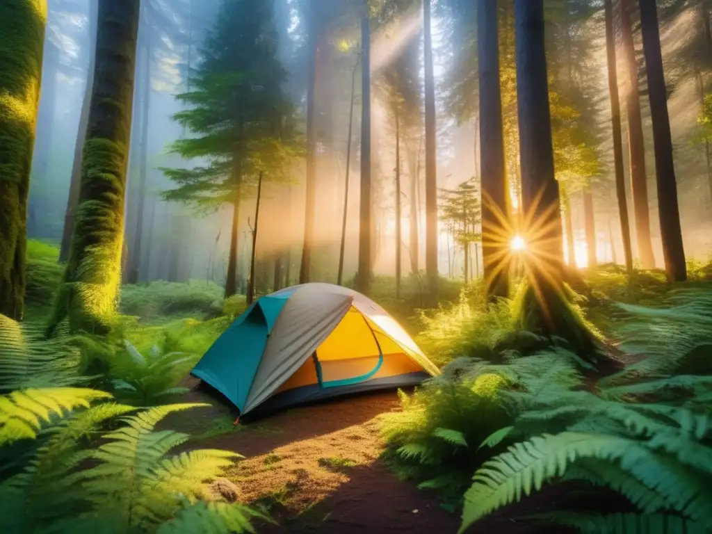 Acampada responsable y conservación natural en un bosque mágico al atardecer con rayos de sol dorados