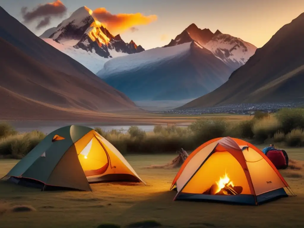 Experiencia acampada Andes misterios naturaleza - Paisaje impresionante de los Andes con campamento colorido y montañas imponentes