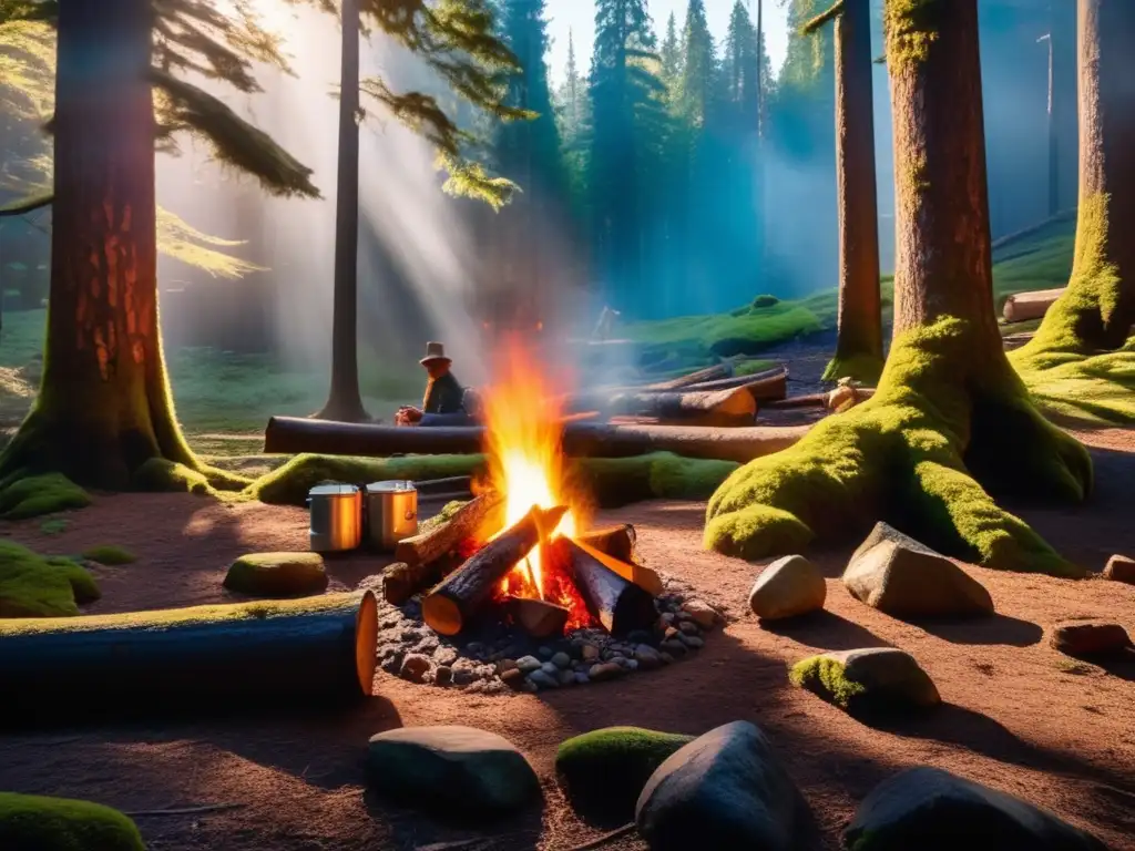 Campamento en el bosque con fogata y ahumado de alimentos