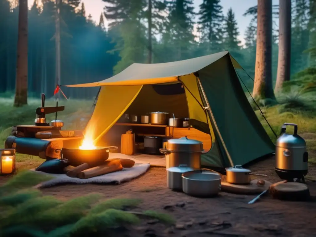 Herramientas esenciales para camping y senderismo eficiente en un campamento sereno rodeado de bosques, iluminado por una potente linterna