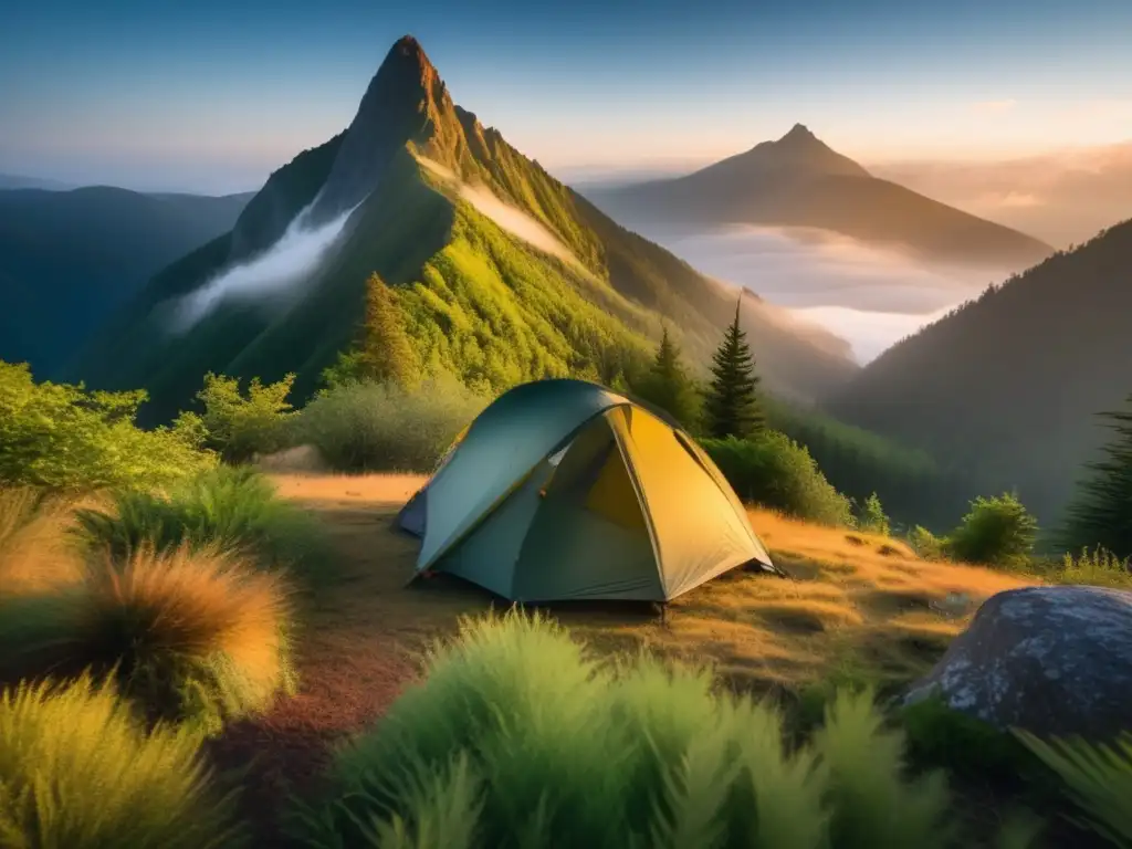 Maravillosa vista de montaña cubierta de neblina, ideal para acampar en la naturaleza