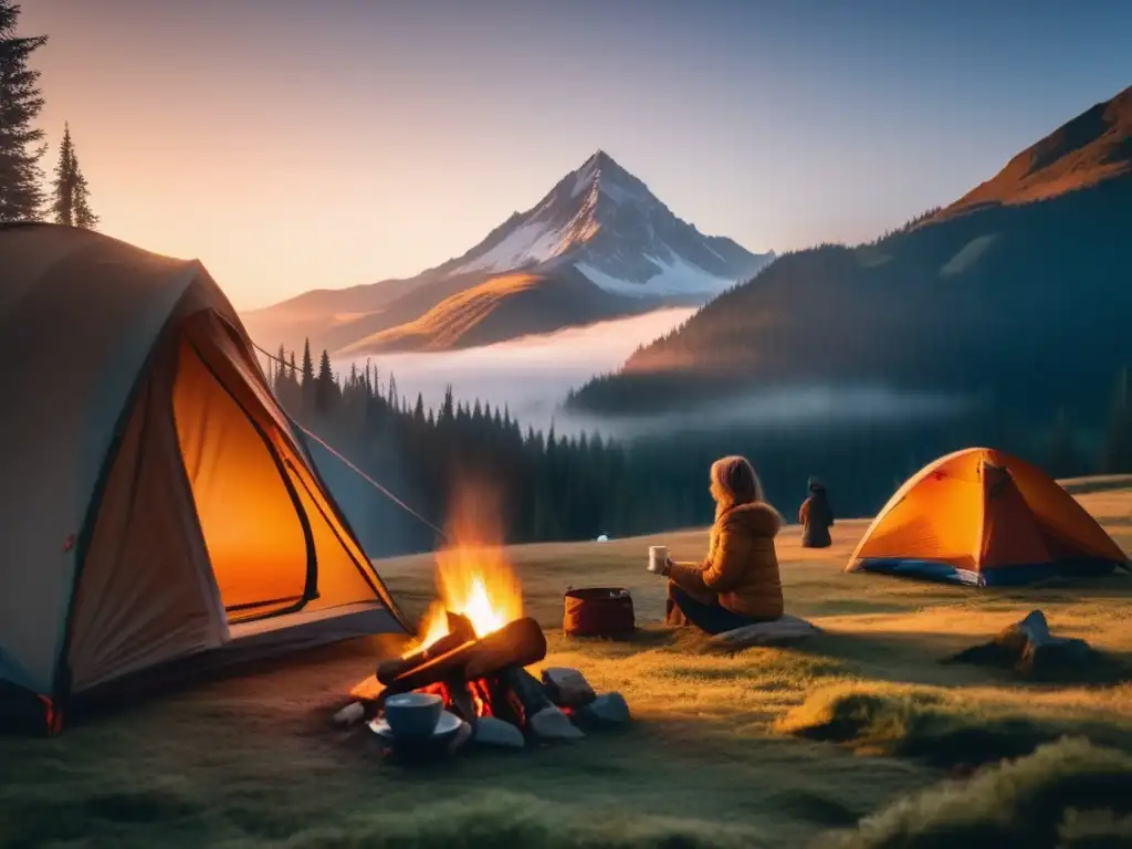 Paisaje de montaña al amanecer con campamento