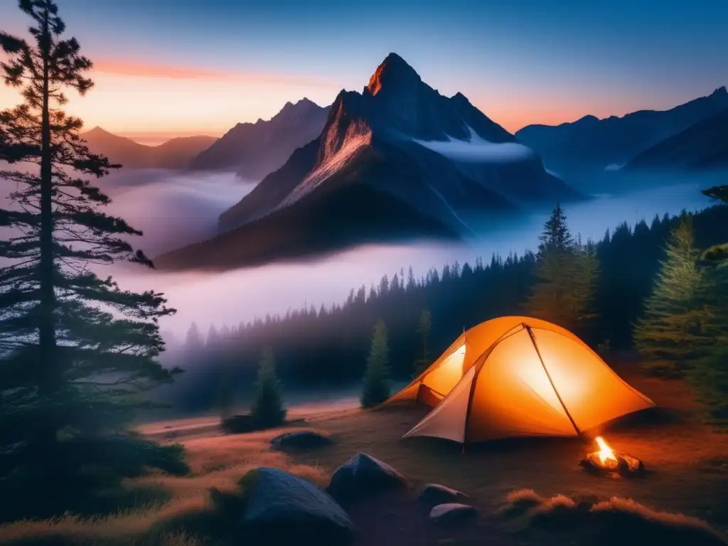 Consejos para acampar en la montaña: Misty mountain range at dusk, campsite surrounded by pine trees, serene atmosphere