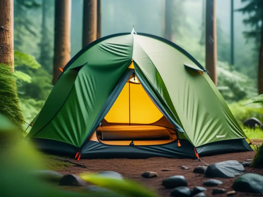 Accesorios de camping para lluvia: Innovaciones impermeables en un campamento moderno rodeado de bosque