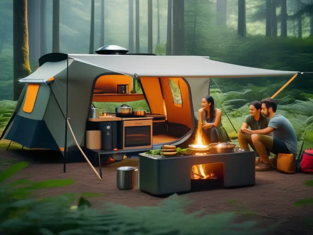 Innovaciones equipo acampada naturaleza: Campistas disfrutan de cocina portátil en bosque místico