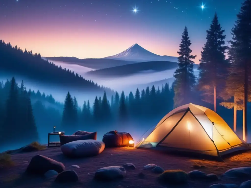 Tecnología de ropa de acampada: campamento moderno en el bosque, con tienda de alta tecnología y ambiente misterioso