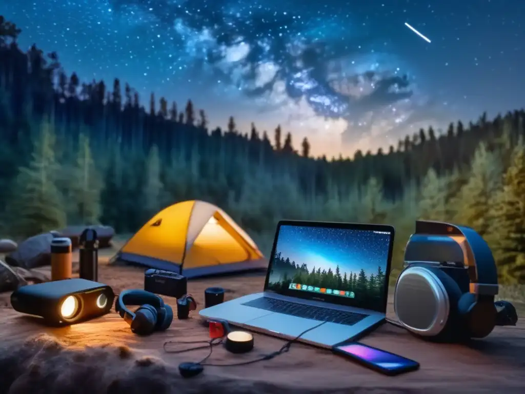 Campamento nocturno rodeado de bosque, con música, herramientas y observación de estrellas y aves