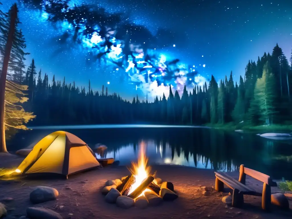 Fotografía nocturna senderismo camping - Campamento nocturno en un bosque denso, con una fogata iluminando la escena y la Vía Láctea de fondo