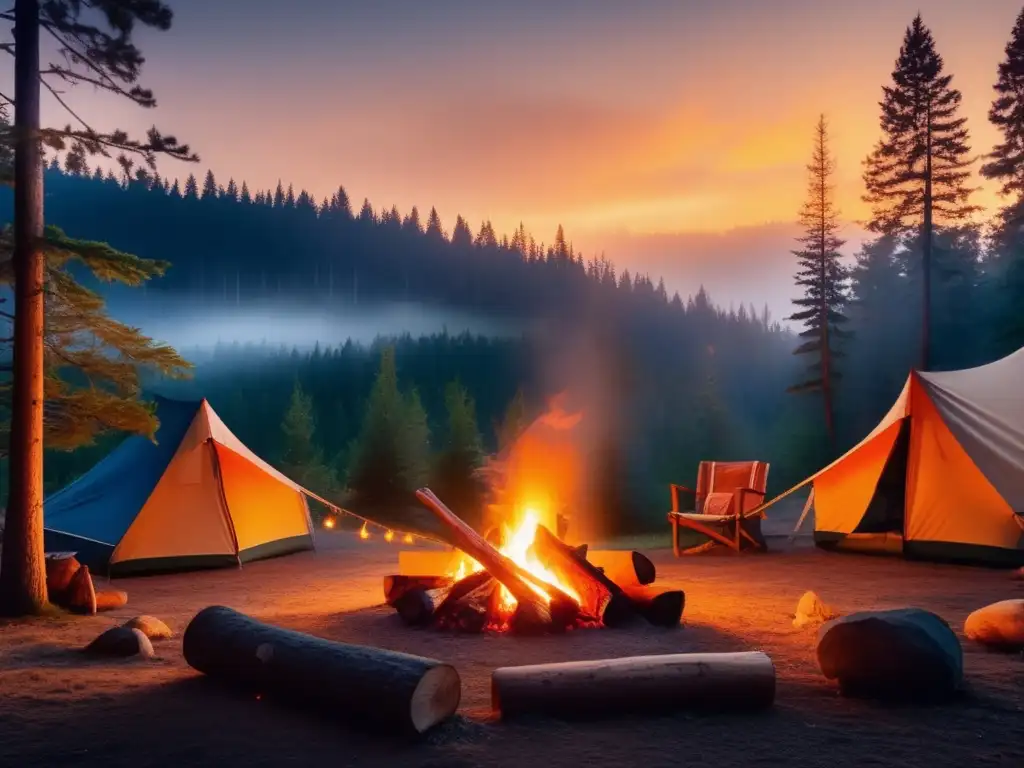 Consejos de conservación de alimentos al aire libre en un campamento pintoresco al atardecer en el bosque