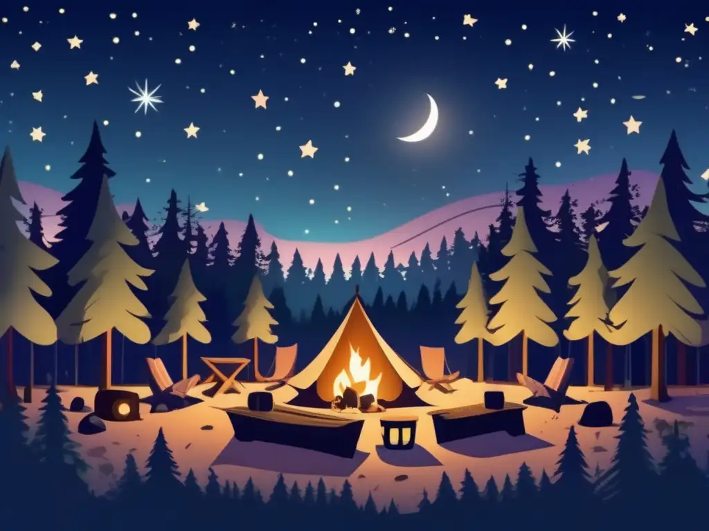 Guía orientación nocturna camping: Campamento nocturno en bosque, luna brillante, estrellas, fogata, aventura misteriosa