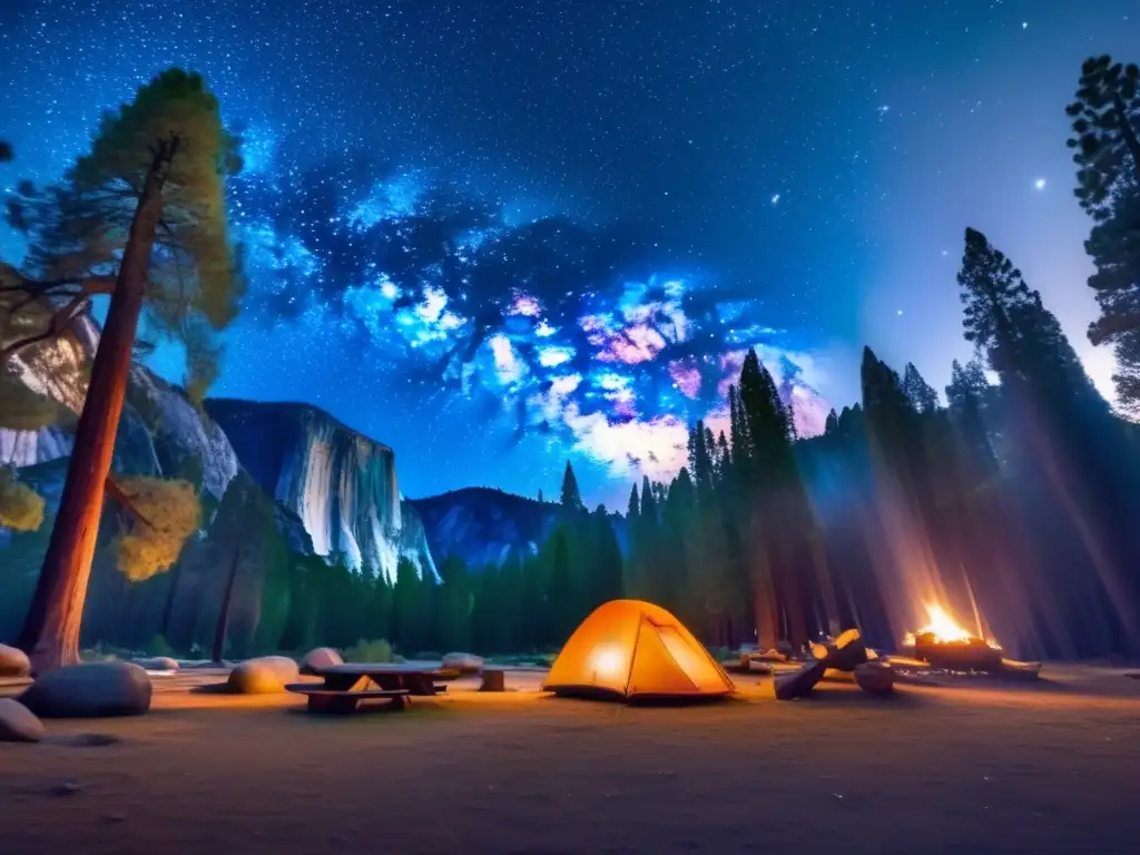 Escena nocturna de un campamento en Yosemite con iniciativas de conservación en camping