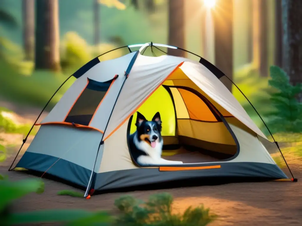 Equipo de acampada para mascotas innovador en un hermoso campamento rodeado de naturaleza