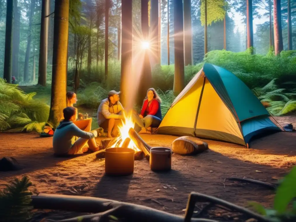 Guía responsable apreciar biodiversidad: campamento familiar en bosque con fauna y flora protegida