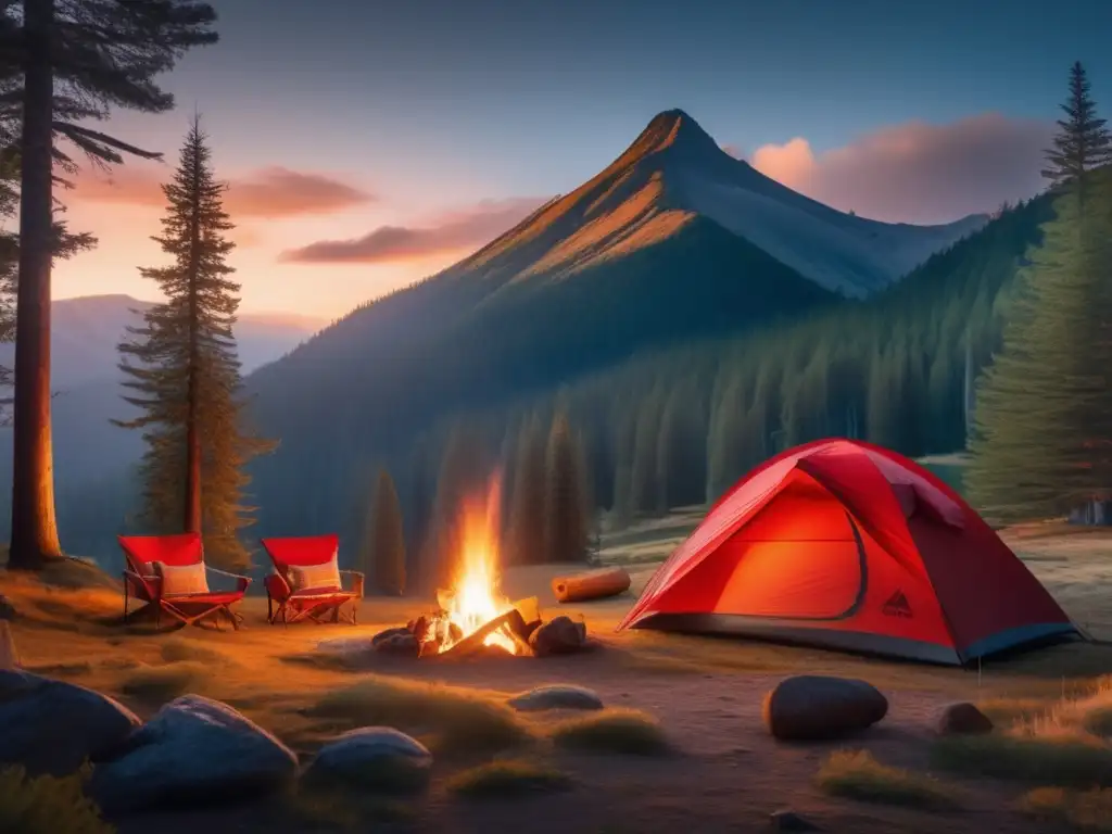 Paisaje de montaña al atardecer con campamento y hikers, respetando principios de senderismo 'dejar sin rastro'