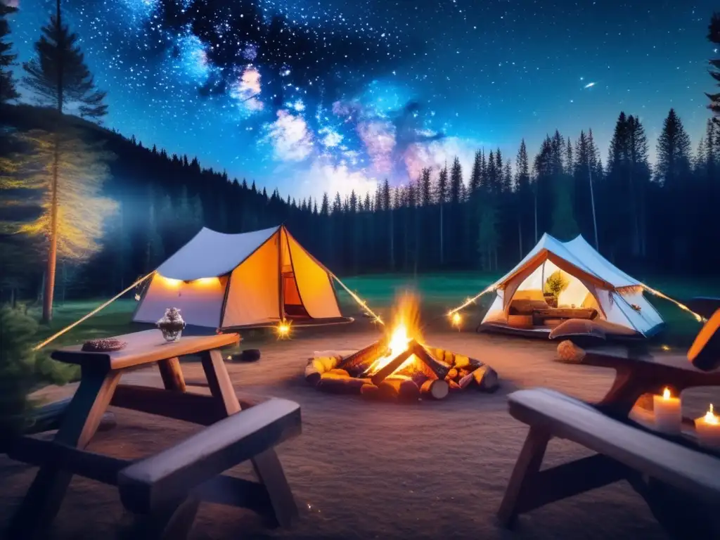 Cena romántica bajo las estrellas en el camping