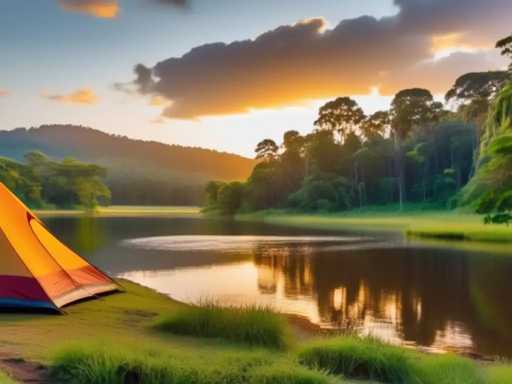 Senderismo en campamento sagrado indígena rodeado de bosque, río y fogata