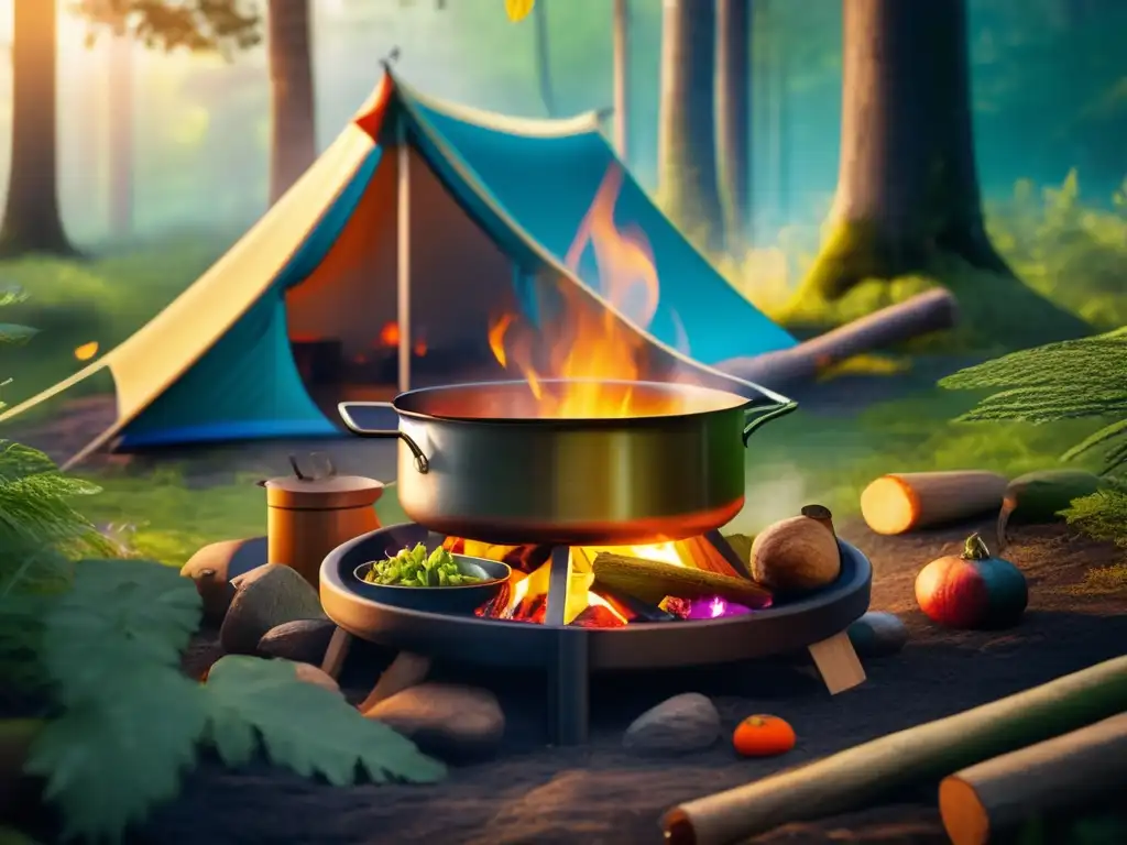 Beneficios de cocinar al vapor en acampadas: Sereno campamento en un bosque exuberante, con una pequeña cocina al centro